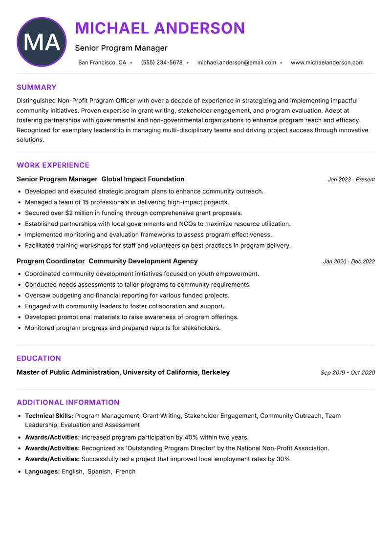 Non-Profit Program Officer resume example — ATS-friendly template