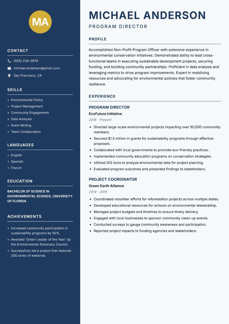 Non-Profit Program Officer resume template — Classic Clean