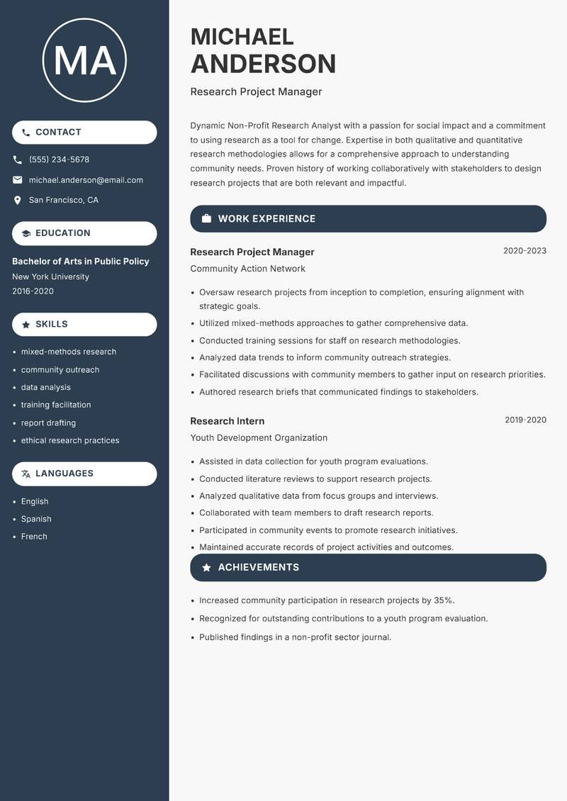 Non-Profit Research Analyst resume template — Compact