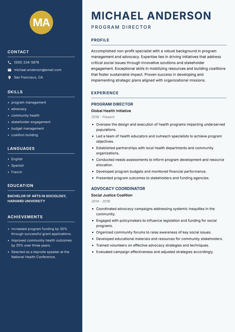 Non-Profit Specialist resume template — Classic Clean