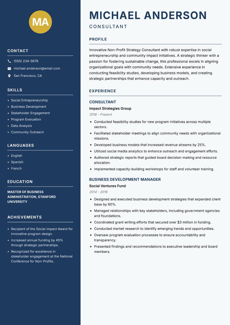 Non-Profit Strategy Consultant resume template — Classic Clean