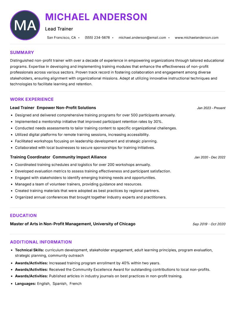 Non-Profit Trainer resume example — ATS-friendly template
