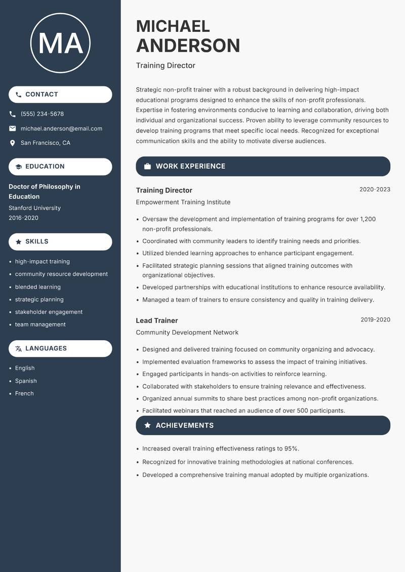 Non-Profit Trainer resume template — Compact