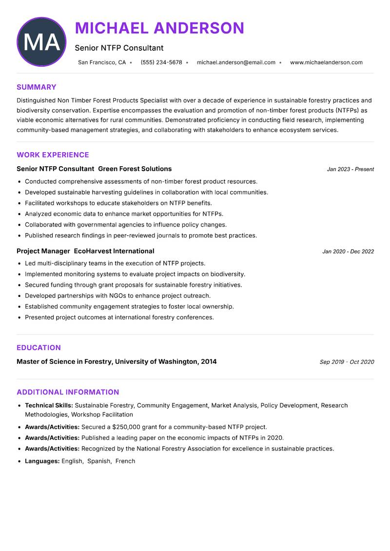 Non Timber Forest Products Specialist resume example — ATS-friendly template