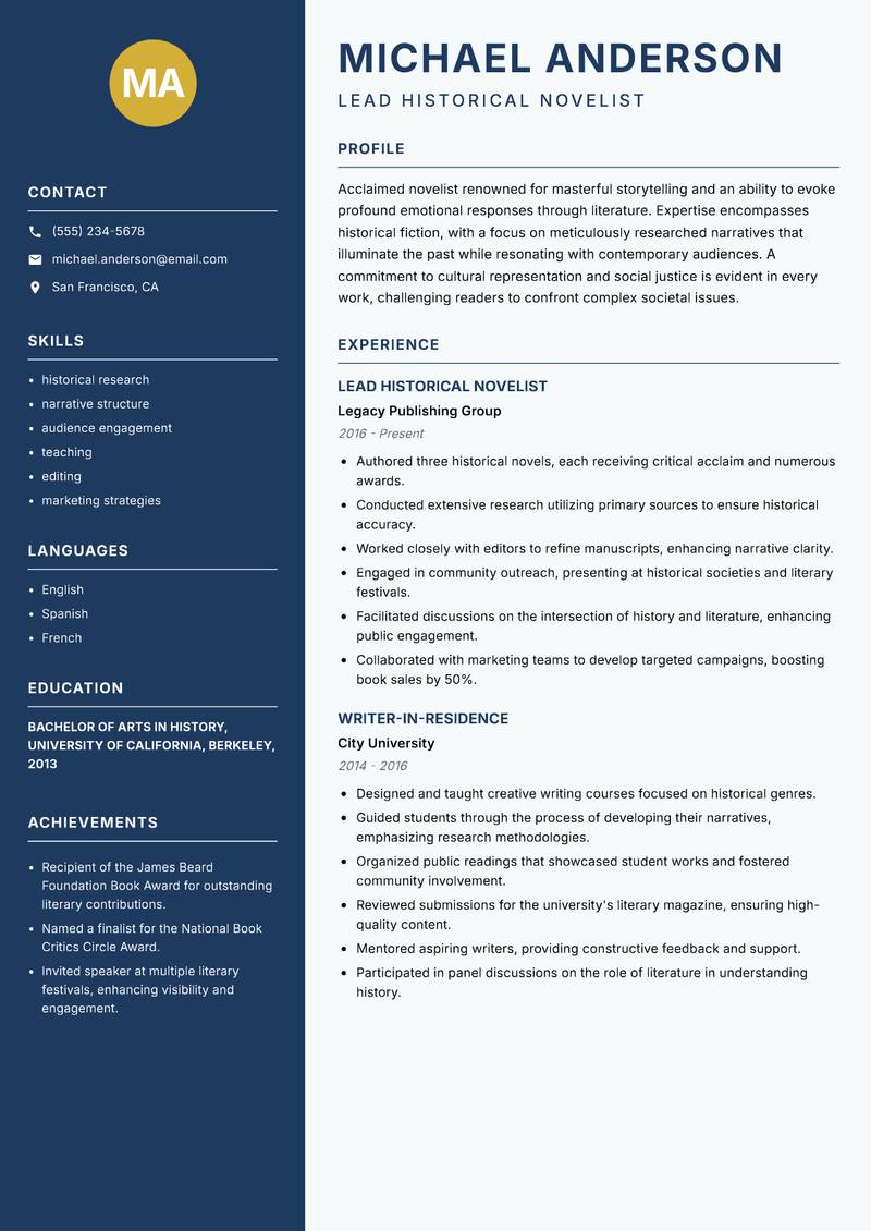Novelist resume template — Classic Clean