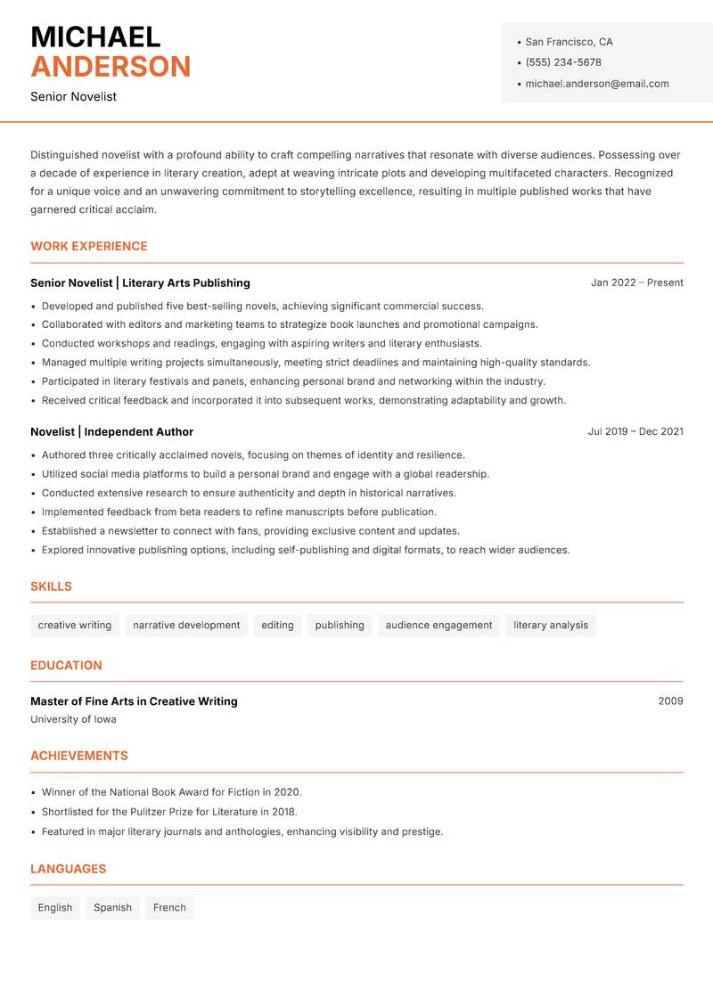 Novelist resume template — Modern Professional