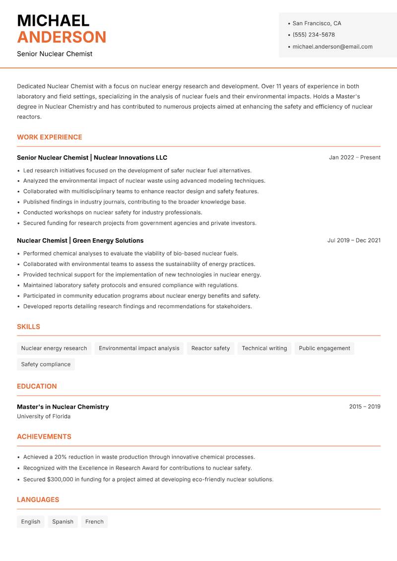 Nuclear Chemist resume template — Modern Professional