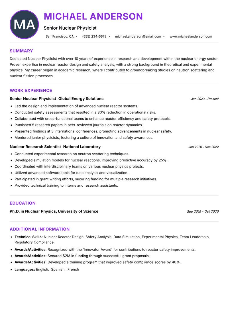 Nuclear Physicist resume example — ATS-friendly template