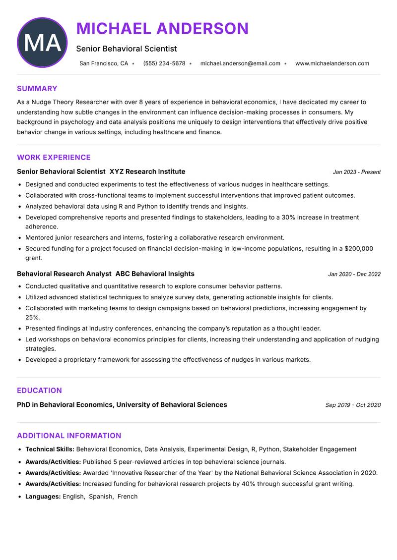 Nudge Theory Researcher resume example — ATS-friendly template