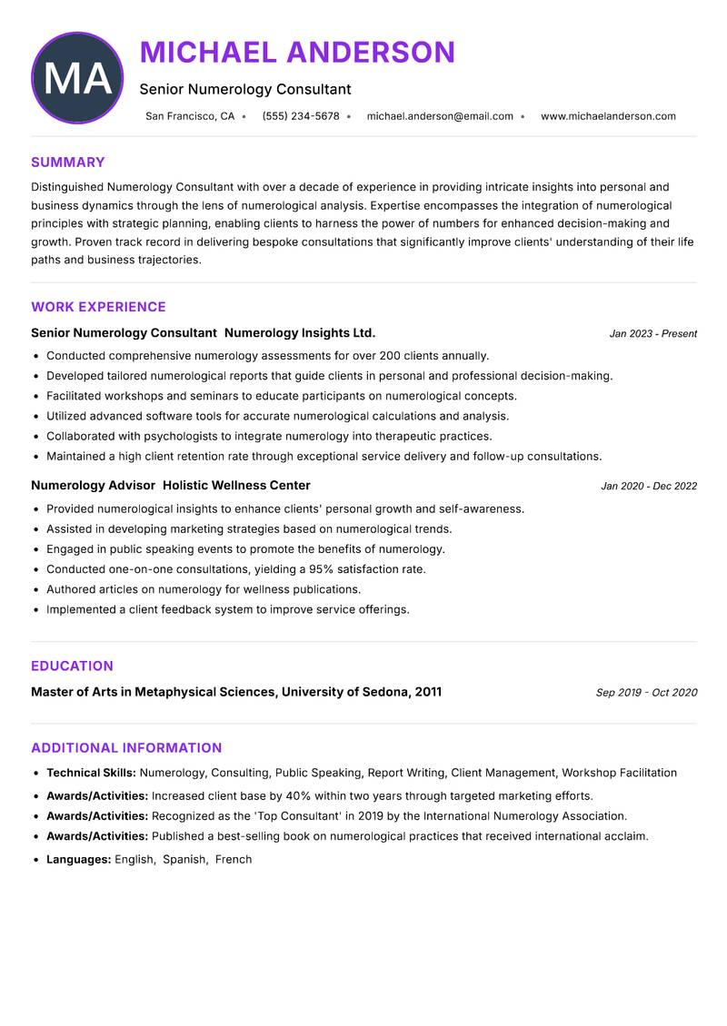 Numerology Consultant resume example — ATS-friendly template