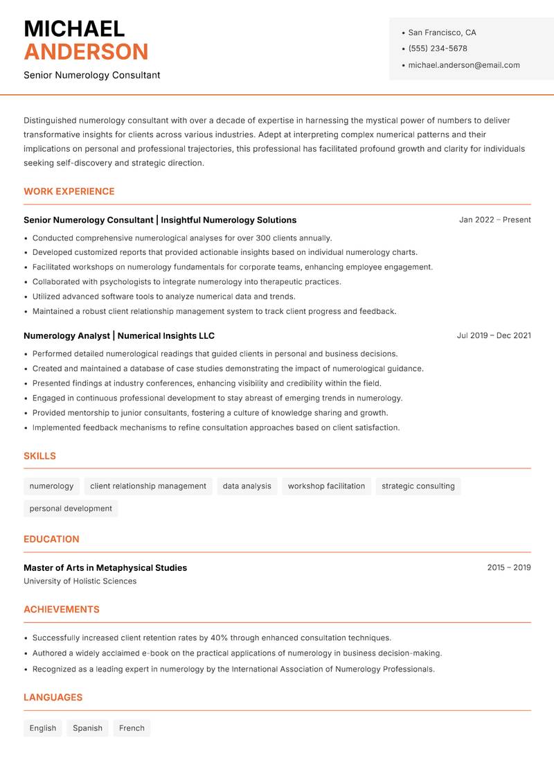Numerology Consultant resume template — Modern Professional