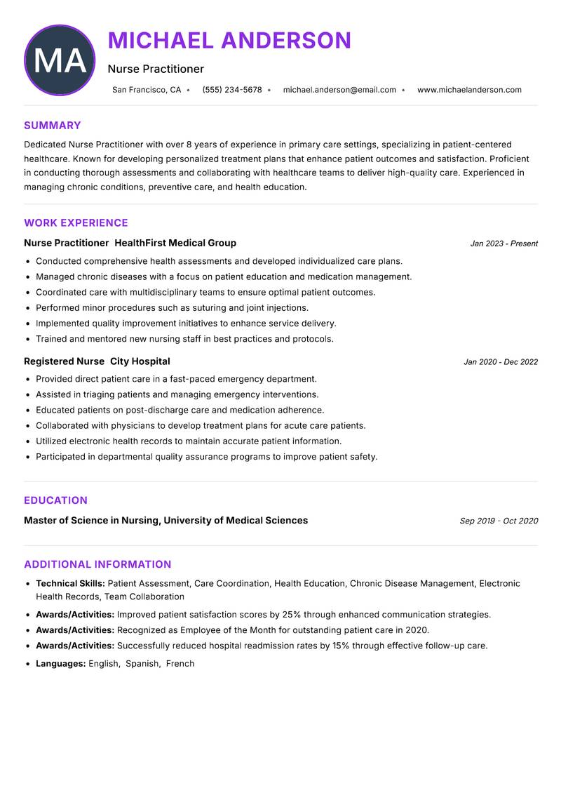 Nurse Practitioner resume example — ATS-friendly template
