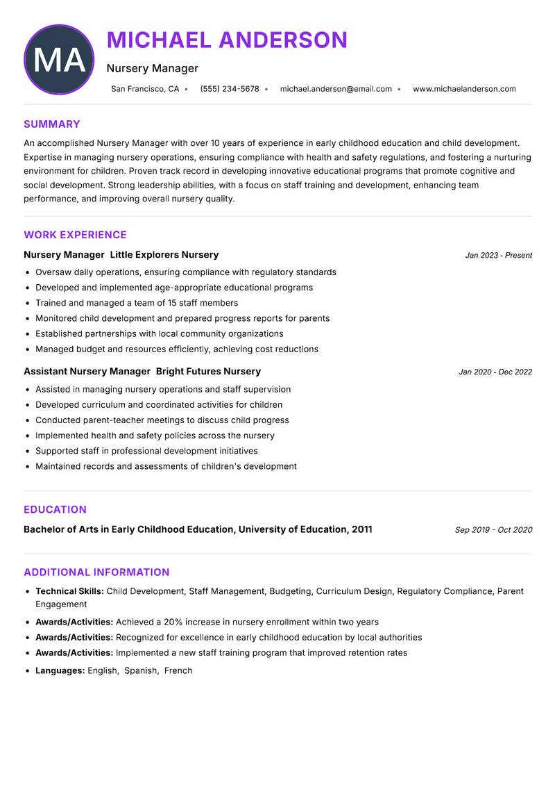 Nursery Manager resume example — ATS-friendly template