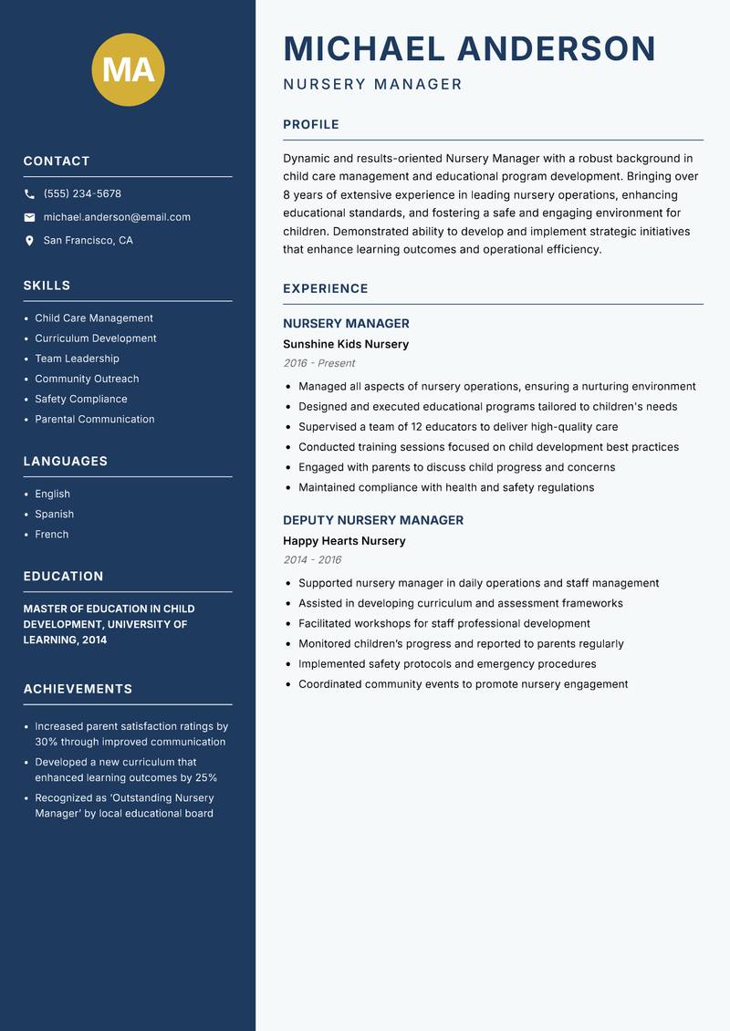 Nursery Manager resume template — Classic Clean