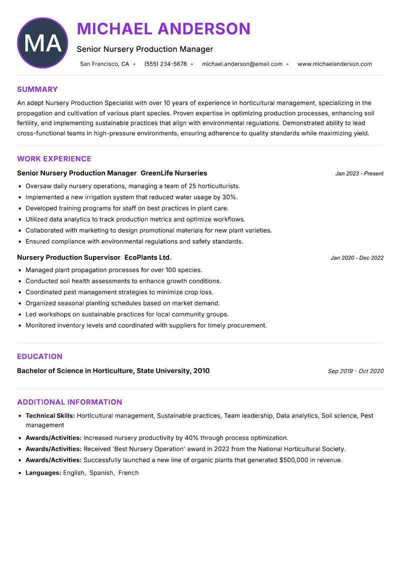 Nursery Production Specialist resume example — ATS-friendly template