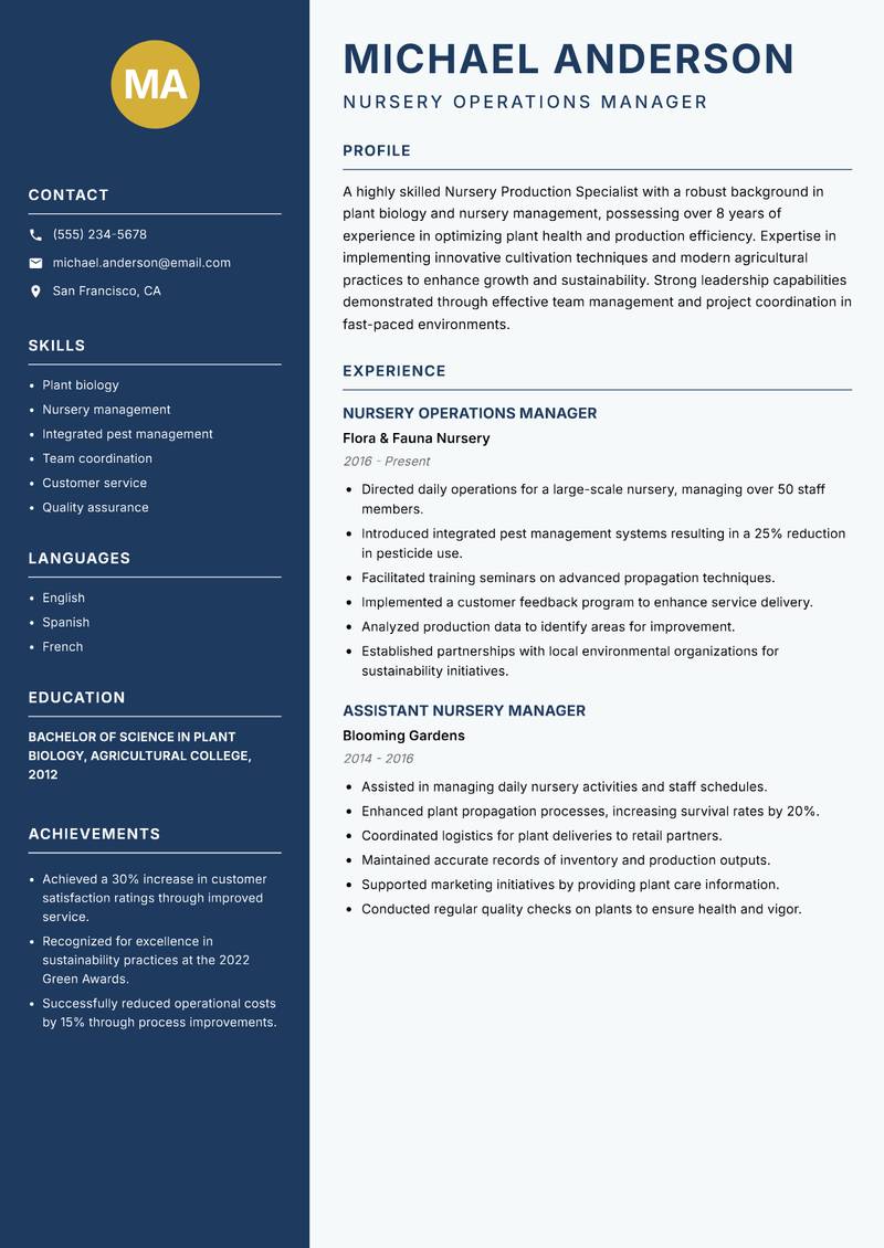 Nursery Production Specialist resume template — Classic Clean