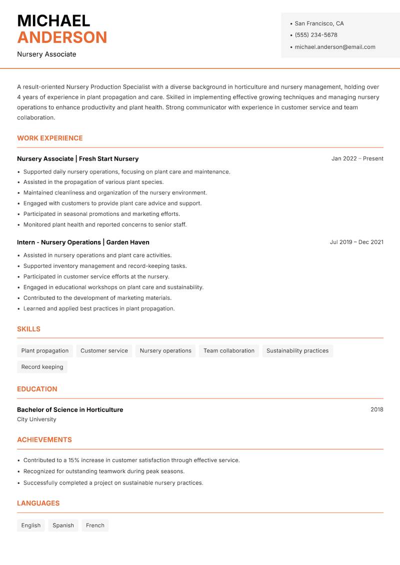 Nursery Production Specialist resume template — Modern Professional