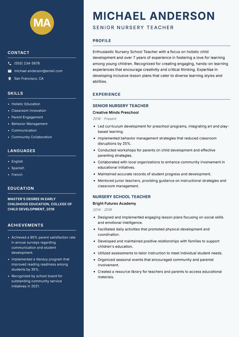 Nursery School Teacher resume template — Classic Clean