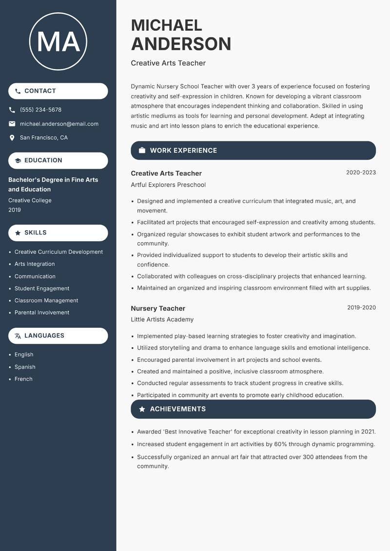Nursery School Teacher resume template — Compact