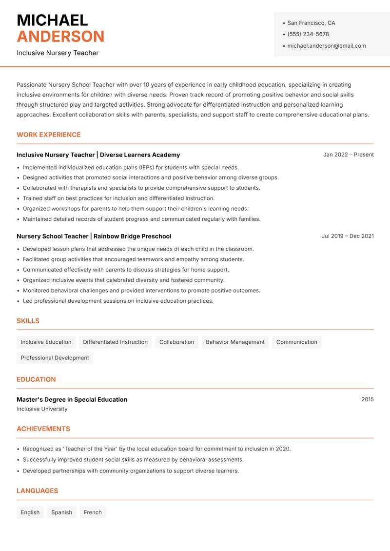 Nursery School Teacher resume template — Modern Professional