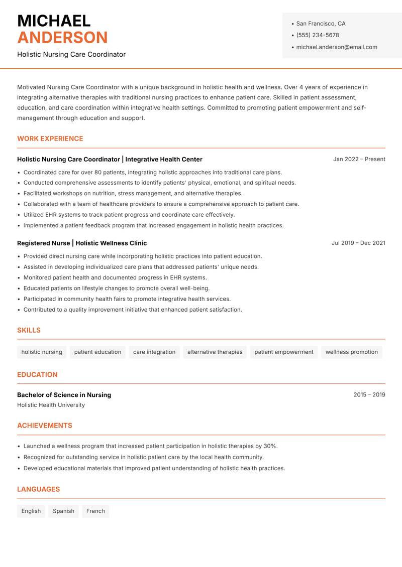 Nursing Care Coordinator resume template — Modern Professional