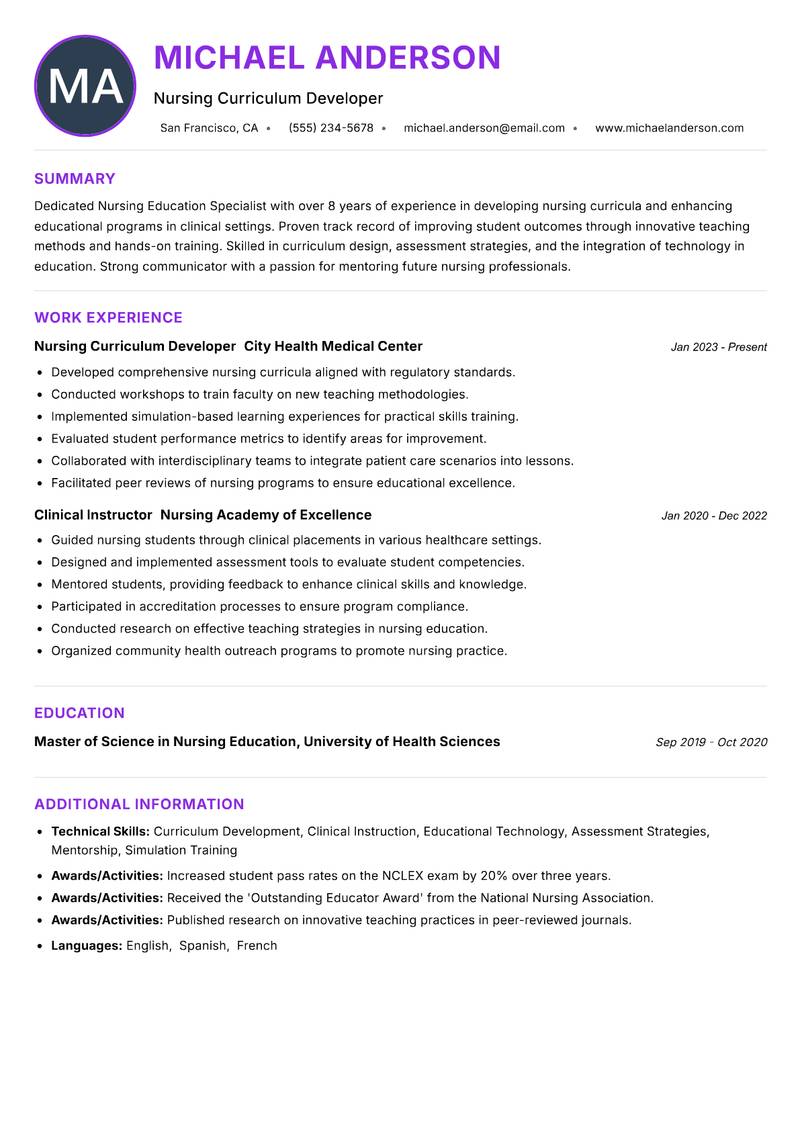 Nursing Education Specialist resume example — ATS-friendly template