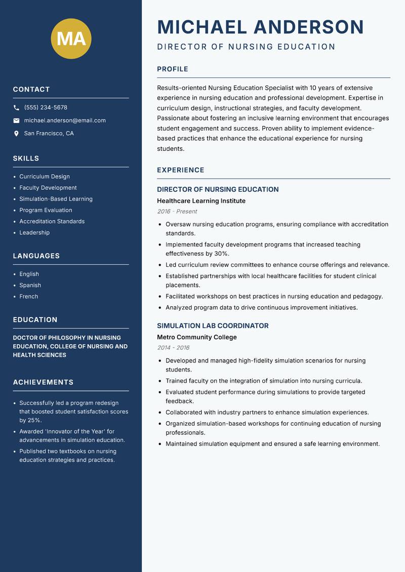 Nursing Education Specialist resume template — Classic Clean