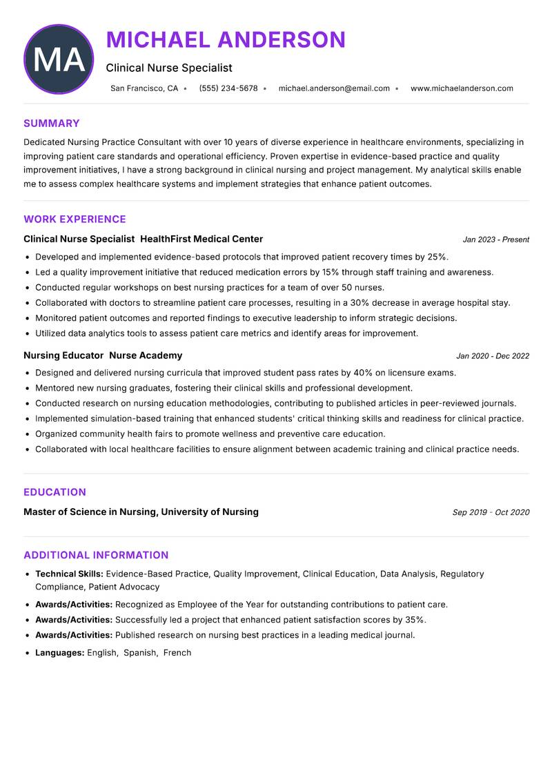 Nursing Practice Consultant resume example — ATS-friendly template