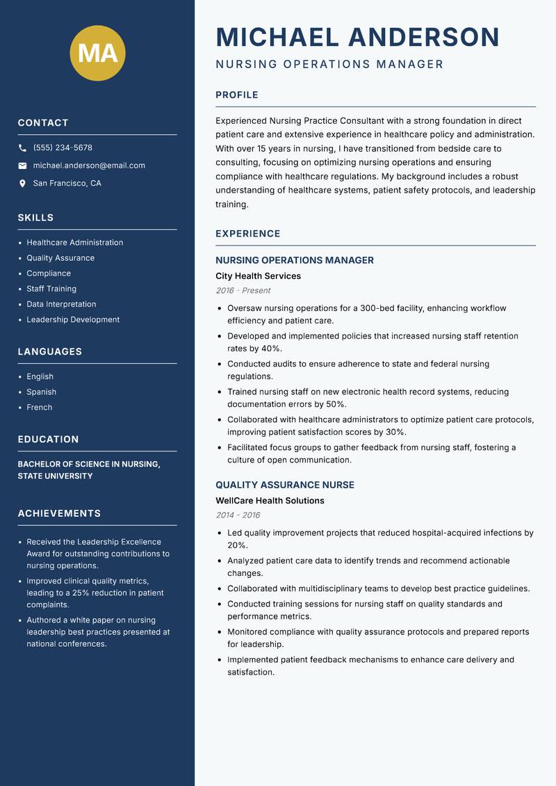 Nursing Practice Consultant resume template — Classic Clean