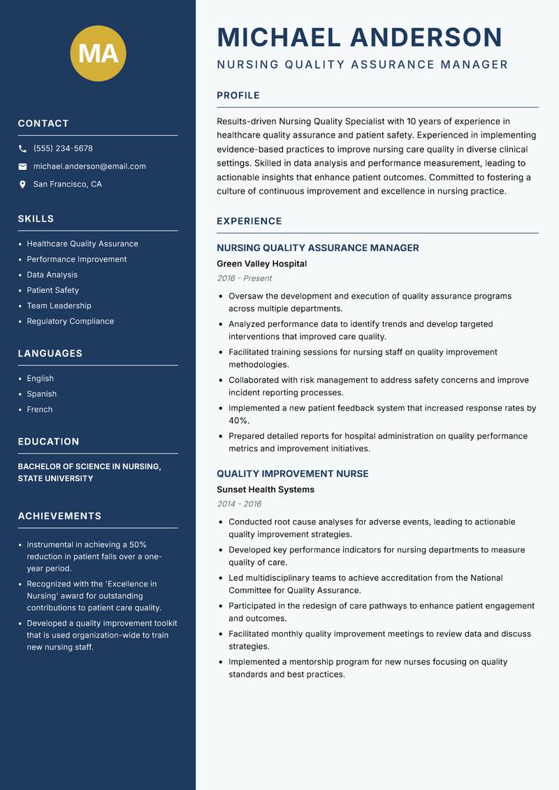 Nursing Quality Specialist resume template — Classic Clean