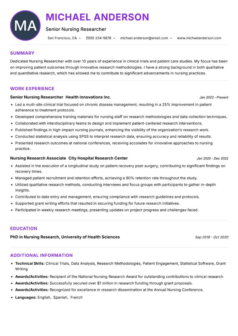 Nursing Researcher resume example — ATS-friendly template