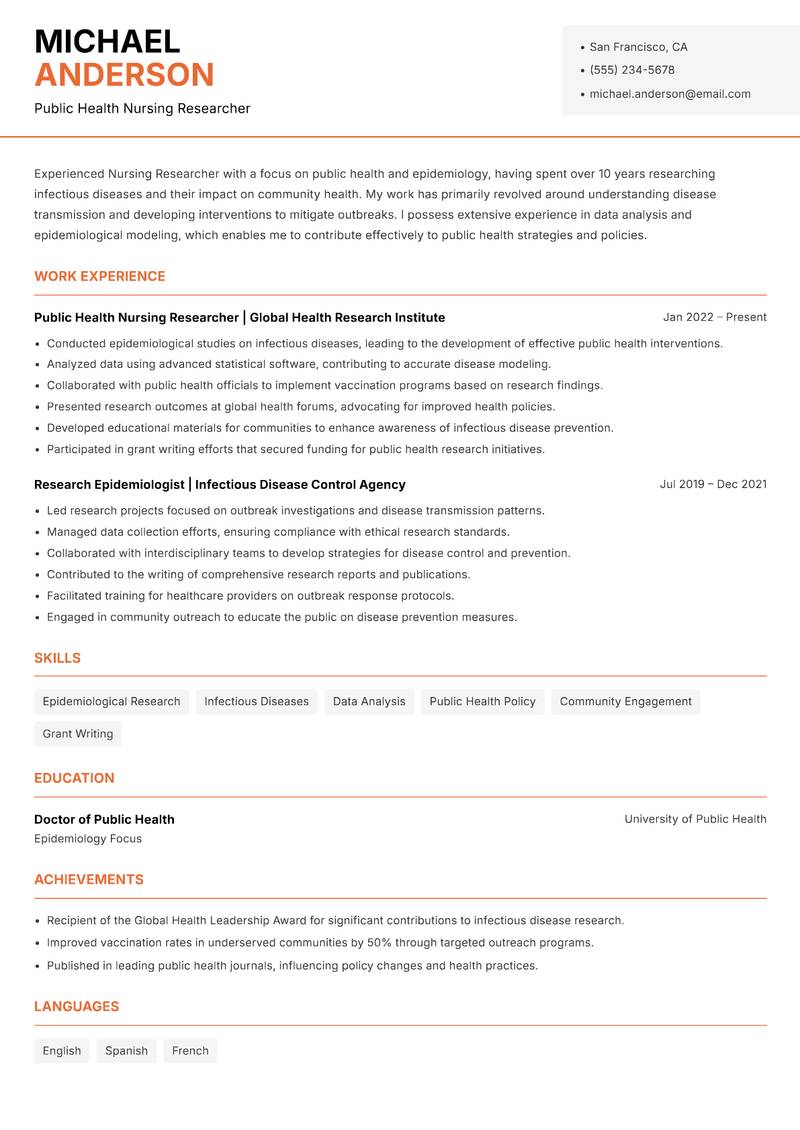 Nursing Researcher resume template — Modern Professional
