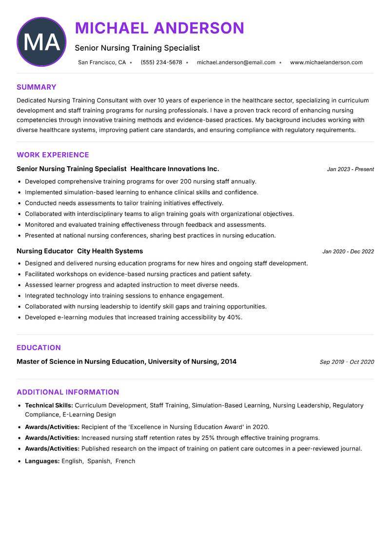 Nursing Training Consultant resume example — ATS-friendly template