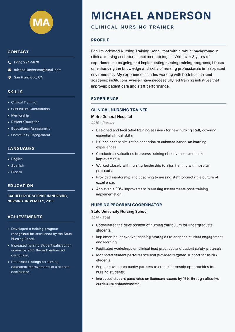 Nursing Training Consultant resume template — Classic Clean