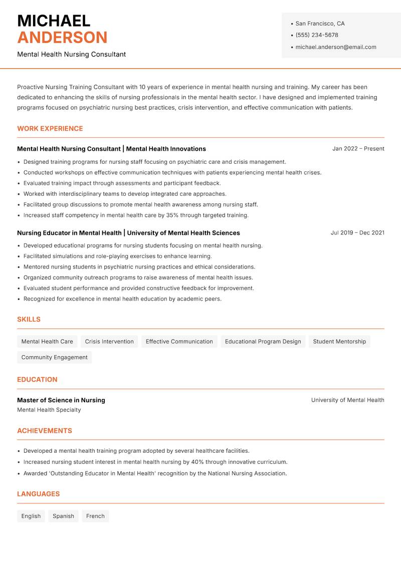 Nursing Training Consultant resume template — Modern Professional
