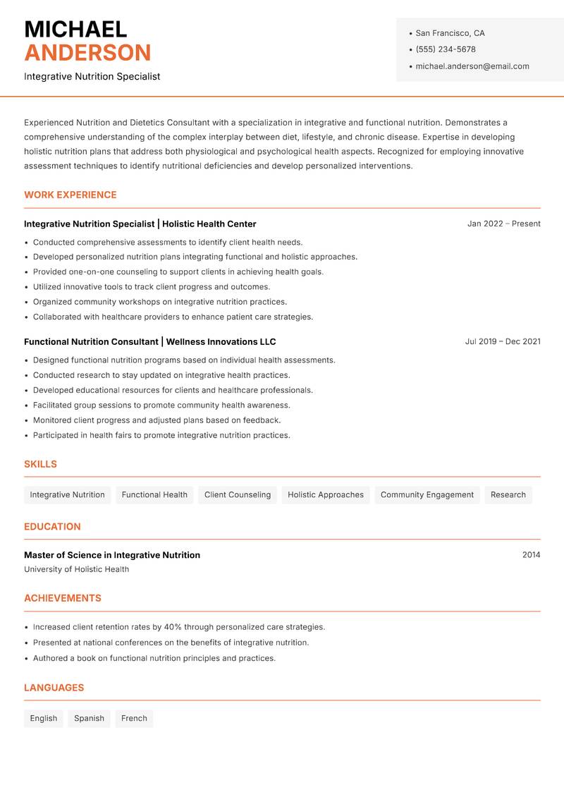 Nutrition and Dietetics Consultant resume template — Modern Professional
