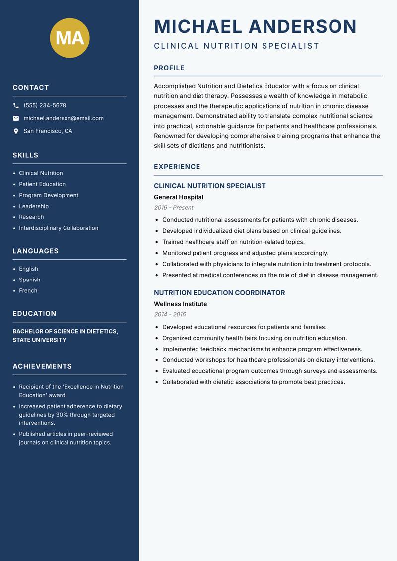 Nutrition and Dietetics Educator resume template — Classic Clean