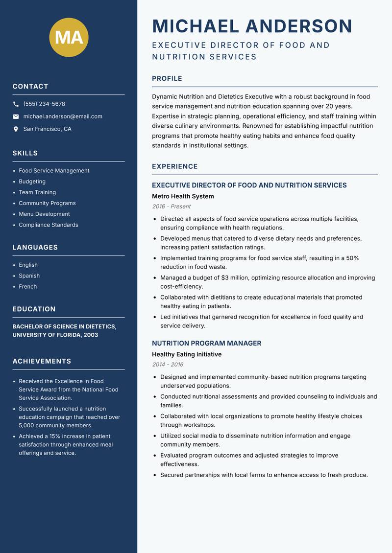Nutrition and Dietetics Executive resume template — Classic Clean