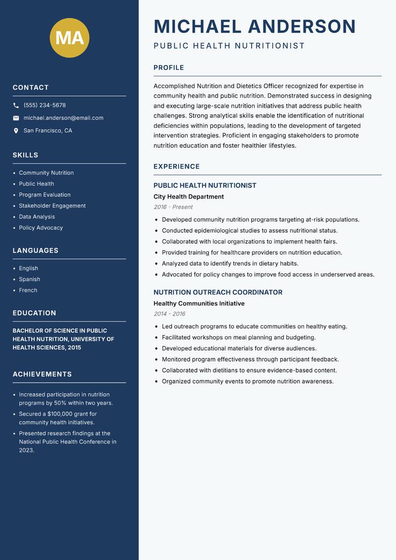 Nutrition and Dietetics Officer resume template — Classic Clean