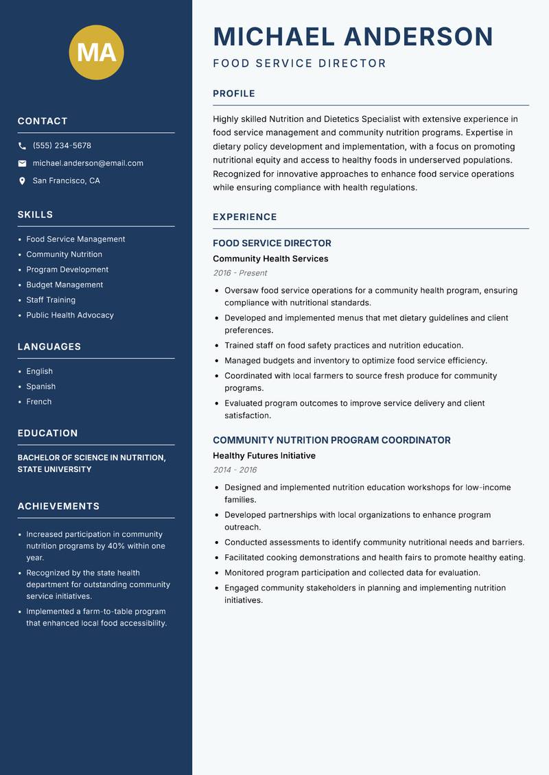 Nutrition and Dietetics Specialist resume template — Classic Clean