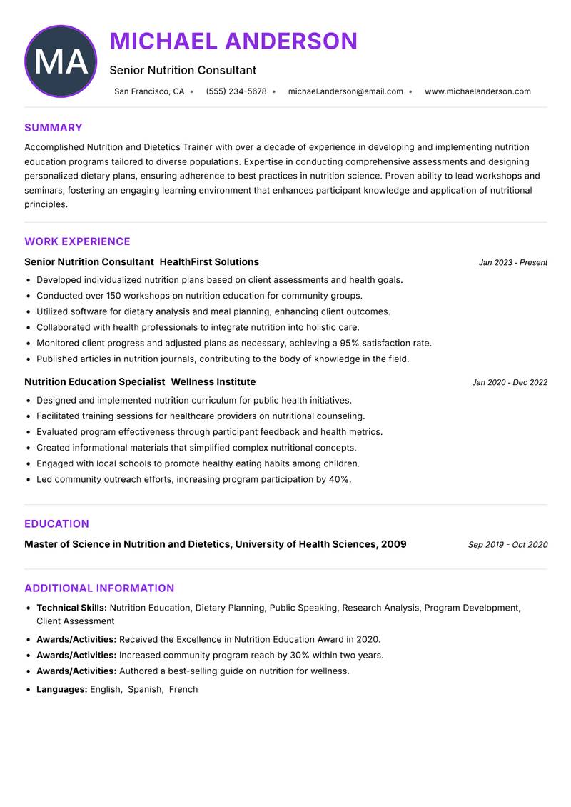 Nutrition and Dietetics Trainer resume example — ATS-friendly template