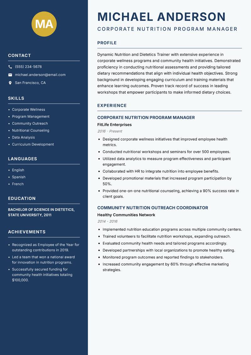 Nutrition and Dietetics Trainer resume template — Classic Clean