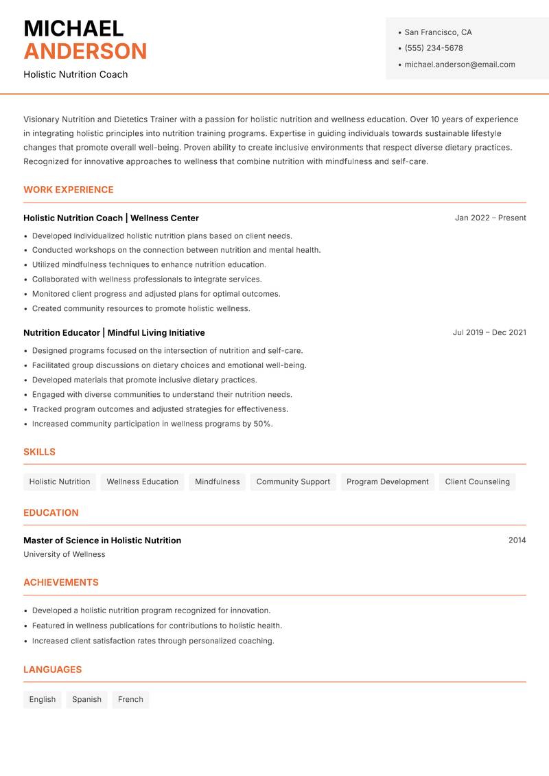 Nutrition and Dietetics Trainer resume template — Modern Professional