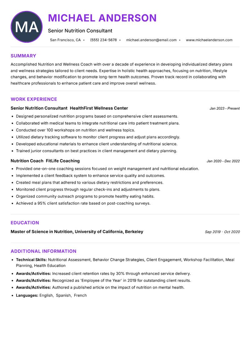 Nutrition and Wellness Coach resume example — ATS-friendly template