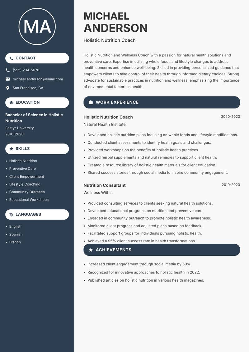 Nutrition and Wellness Coach resume template — Compact
