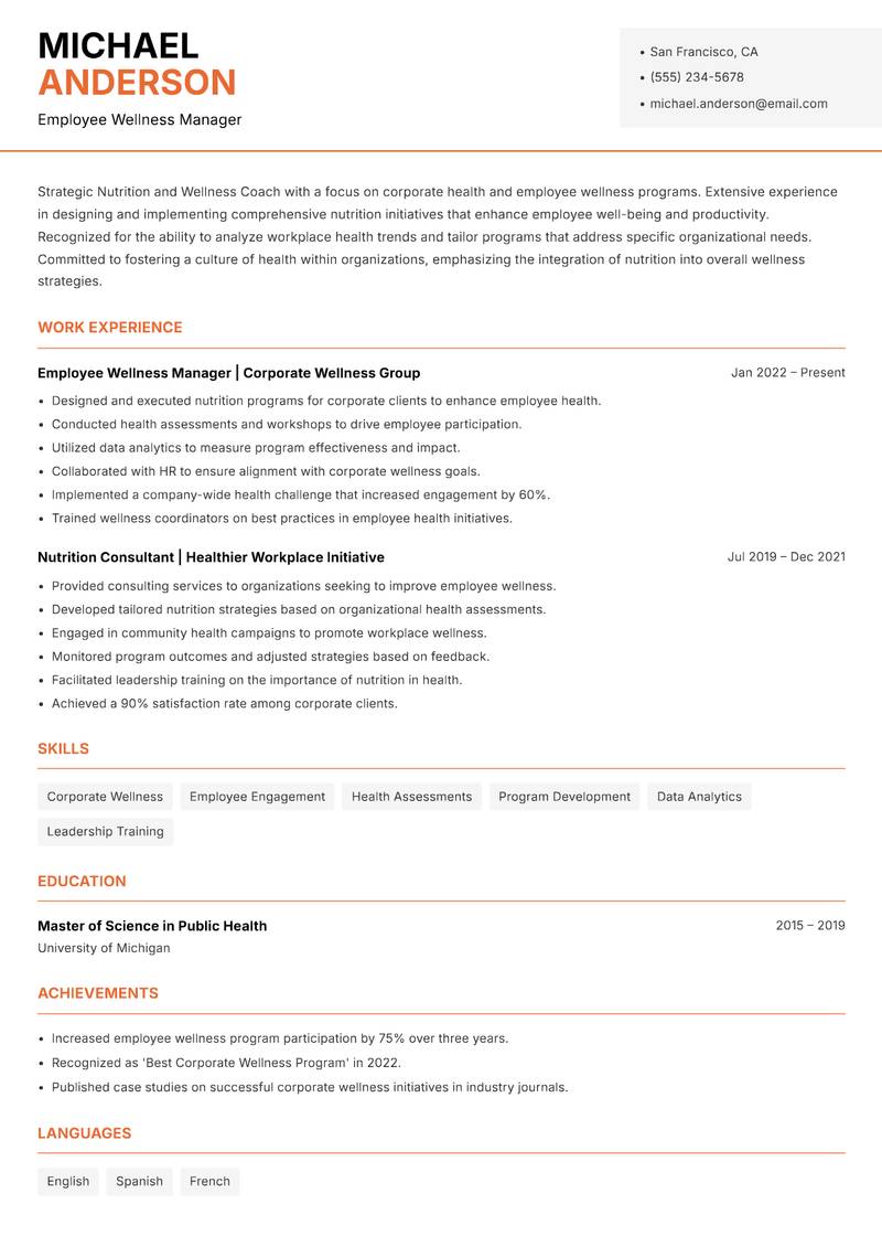Nutrition and Wellness Coach resume template — Modern Professional