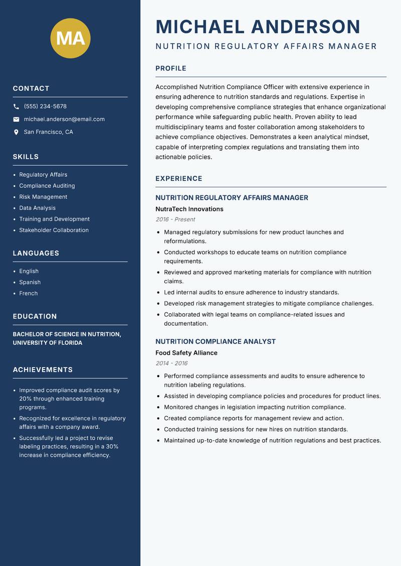 Nutrition Compliance Officer resume template — Classic Clean