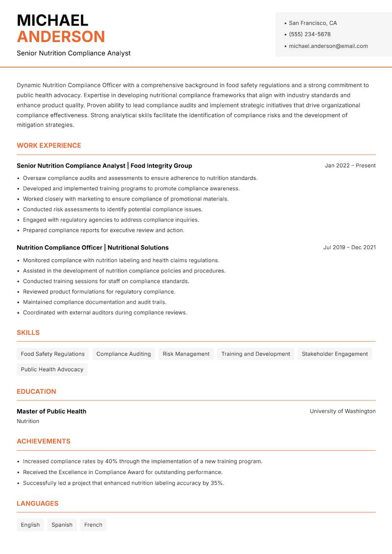 Nutrition Compliance Officer resume template — Modern Professional