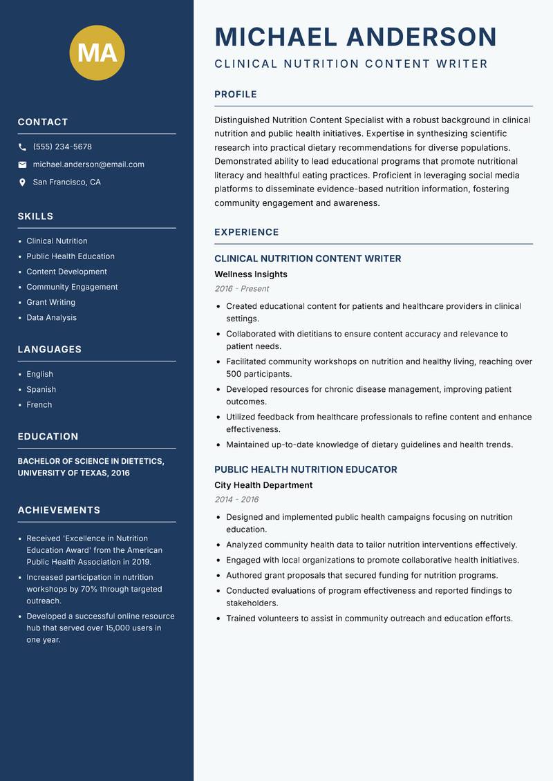 Nutrition Content Specialist resume template — Classic Clean