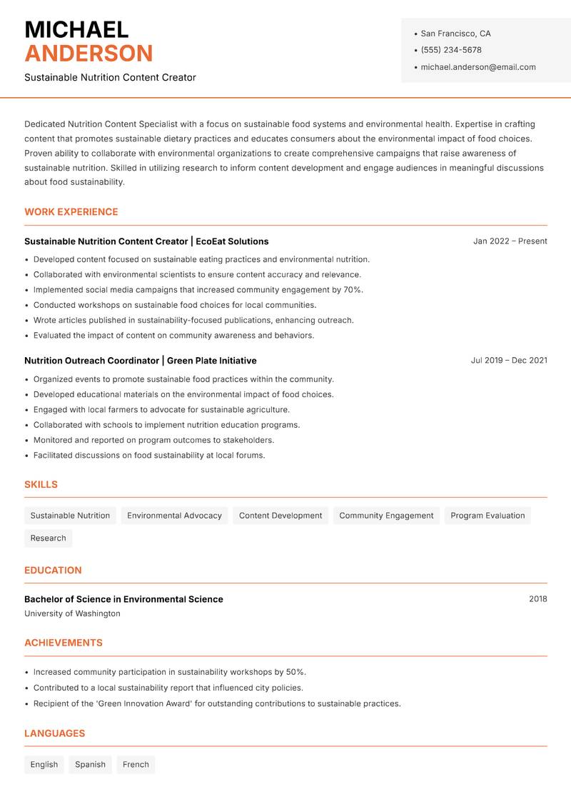 Nutrition Content Specialist resume template — Modern Professional